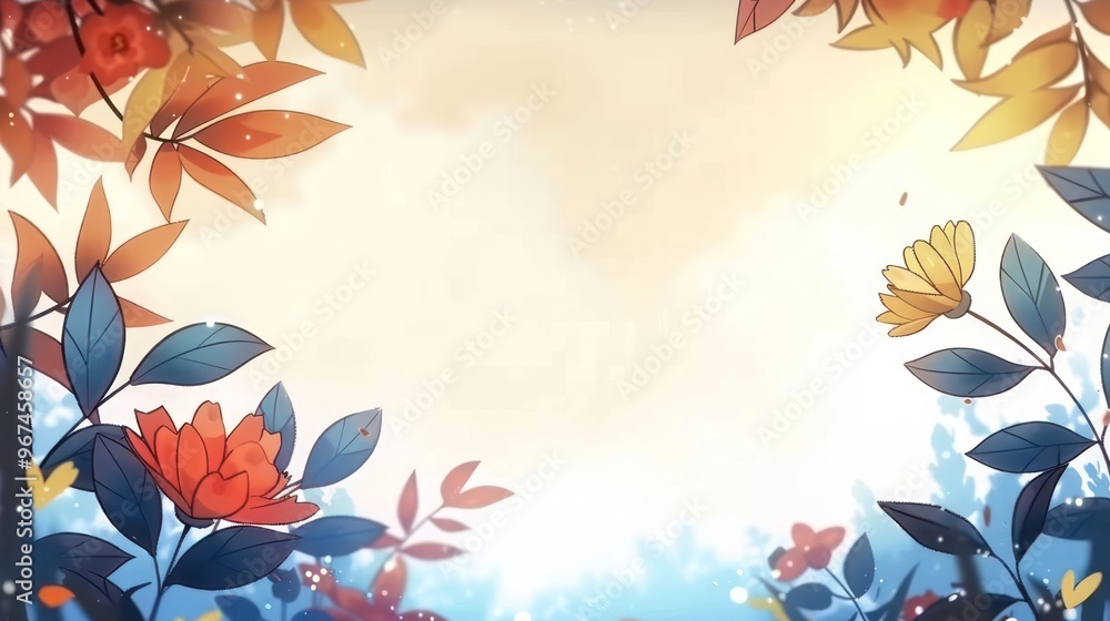 Fototapeta premium A vibrant illustration of autumn leaves and flowers framing a soft, light background.