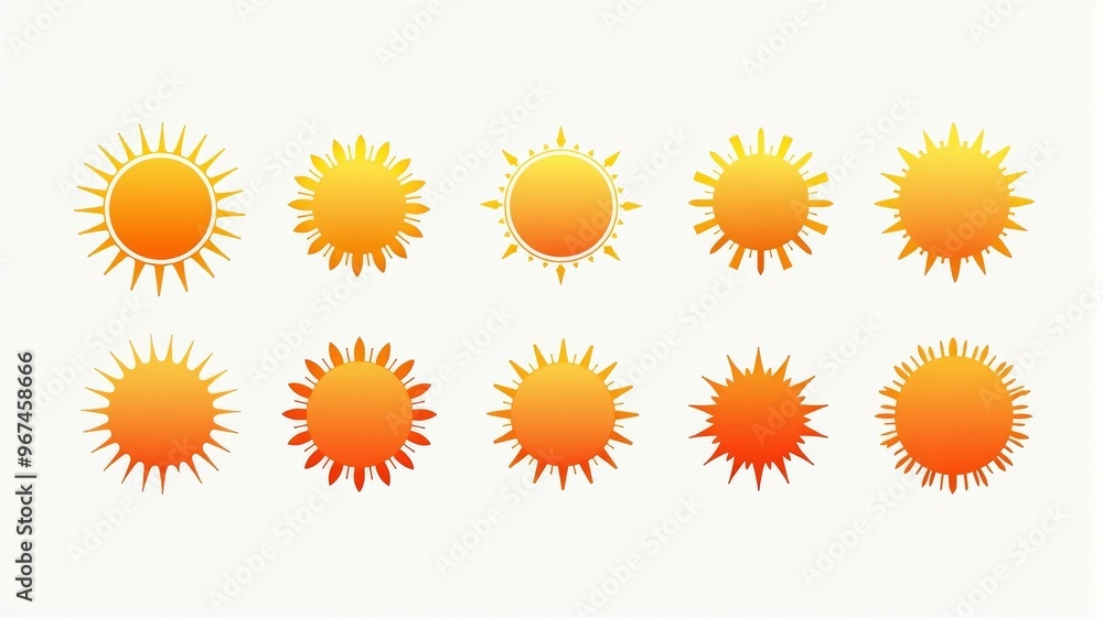Sun Icons Illustration Set: Collection of Radiant Sun Icons in Various Styles and Colors for Weather Apps and Graphic Design Sun Icons Illustration Set: Collection of Radiant Sun Icons in Various Styles and Colors for Weather Apps and Graphic Design