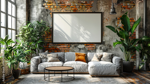 Modern industrial living room with empty frame and exposed brick wall