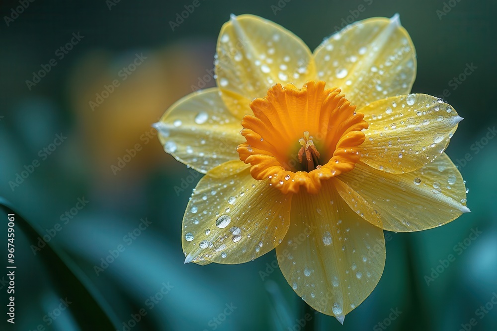 macro photograph of a dewkissed yellow daffodil crystal droplets glistening on velvety petals with a softly blurred verdant background macro photograph of a dewkissed yellow daffodil crystal droplets glistening on velvety petals with a softly blurred verdant background