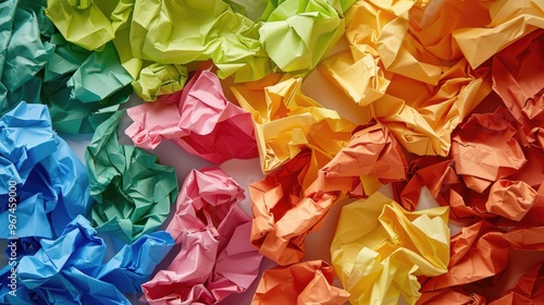 Crumpled colored paper in the office reorganized neatly photo