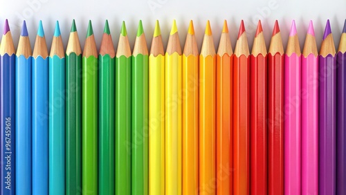 Colorful row of colored pencils in green, yellow, pink, blue, purple, and orange shades