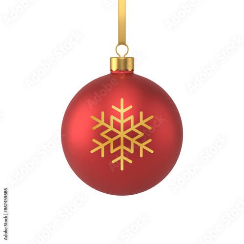 Luxury red metallic Christmas ball with golden decorative snowflake and rope for hanging realistic vector illustration. Bright traditional winter holiday seasonal Xmas decor mock up template isolated