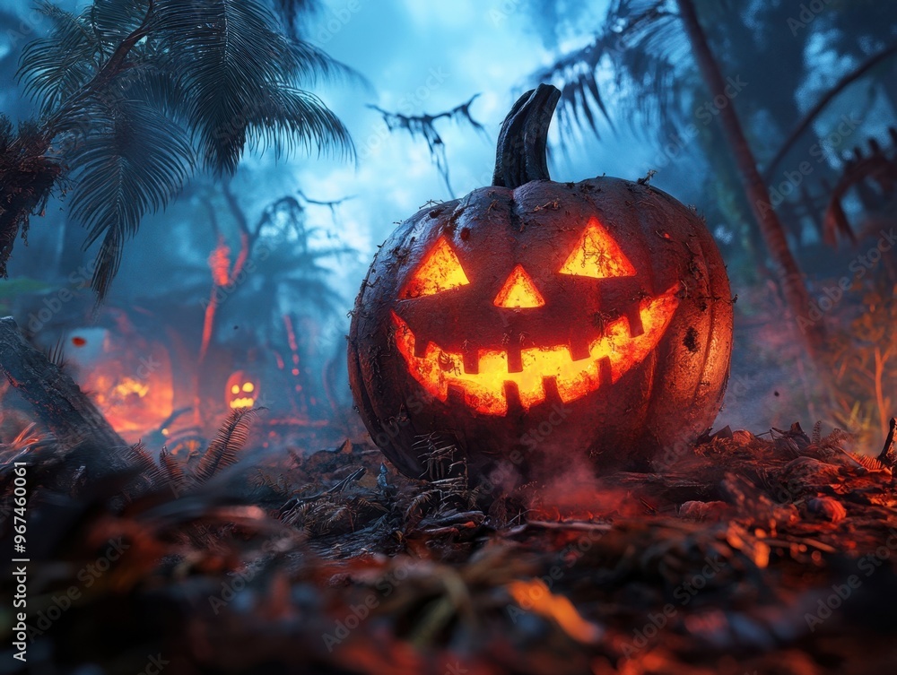 Fototapeta premium Haunting Halloween Safari: Ghostly Creatures in Eerie Jungles and Spooky Landscapes for Immersive Thrills