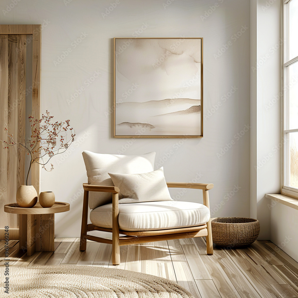 Fototapeta premium Boho, scandinavian interior design of modern living room with accent rustic armchair and frme on wall.