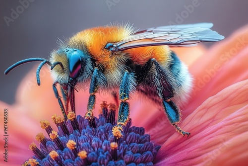 macro pollination scene fuzzy bumblebee perched on vibrant flower petal ultradetailed insect anatomy pollendusted legs rich botanical colors photo