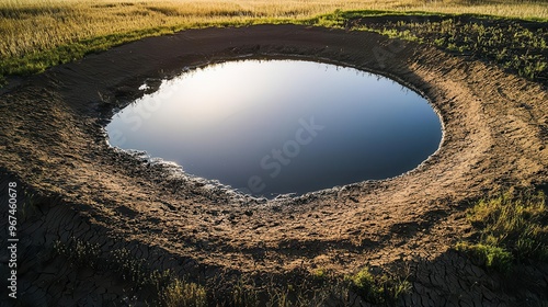 Contaminated water in a drying pond, waterborne diseases, stagnant water, public health threat photo