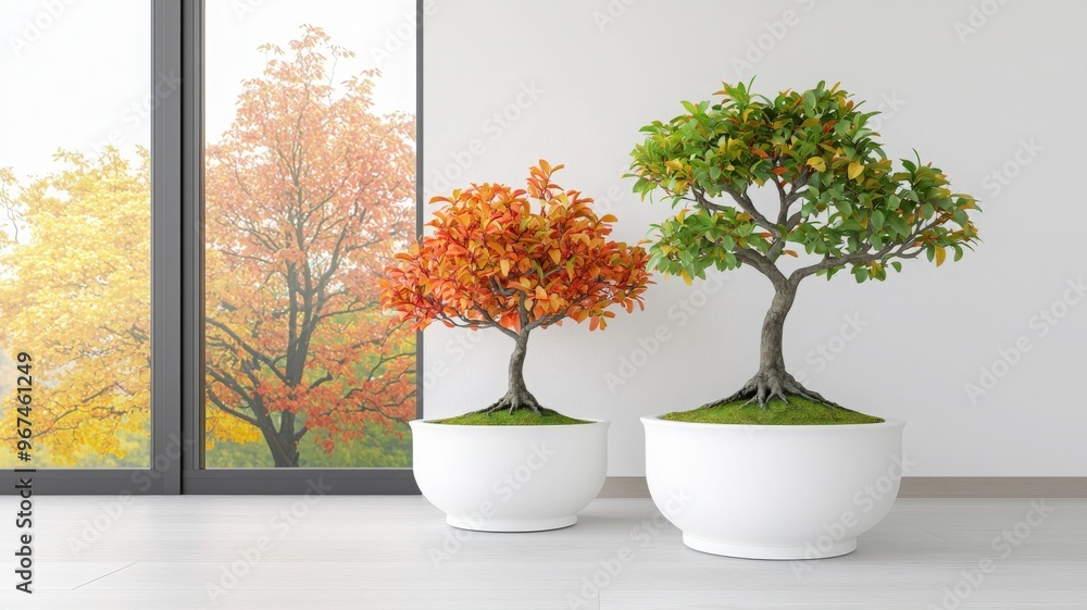 Beautiful bonsai trees in modern pots, showcasing vibrant autumn and spring colors, enhancing an elegant interior space. Beautiful bonsai trees in modern pots, showcasing vibrant autumn and spring colors, enhancing an elegant interior space.