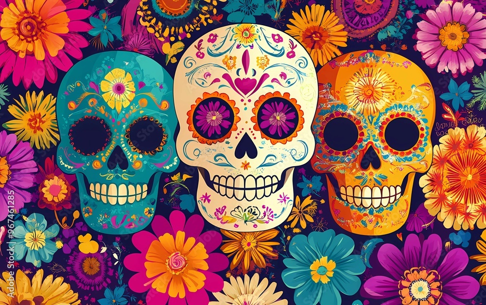 Colorful Day of the Dead sugar skulls with floral ornaments and seamless floral patterns Colorful Day of the Dead sugar skulls with floral ornaments and seamless floral patterns