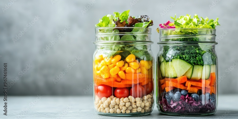 Colorful salad jars filled with fresh vegetables and grains, perfect for healthy eating and meal prep. Colorful salad jars filled with fresh vegetables and grains, perfect for healthy eating and meal prep.