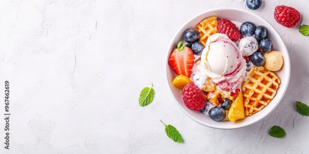 Delicious bowl of waffles topped with ice cream and assorted berries, perfect for a sweet treat or dessert. Delicious bowl of waffles topped with ice cream and assorted berries, perfect for a sweet treat or dessert.