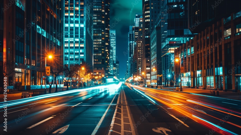 Fototapeta premium Vibrant Nightlife in a Bustling City - Traffic and Skyscrapers Illuminated by Neon Lights