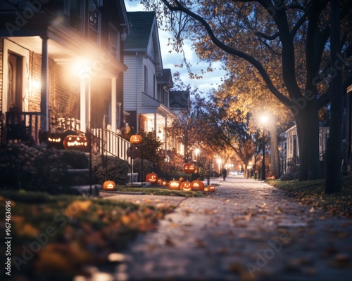 Classic Halloween trick-or-treat scene city suburb at night photo