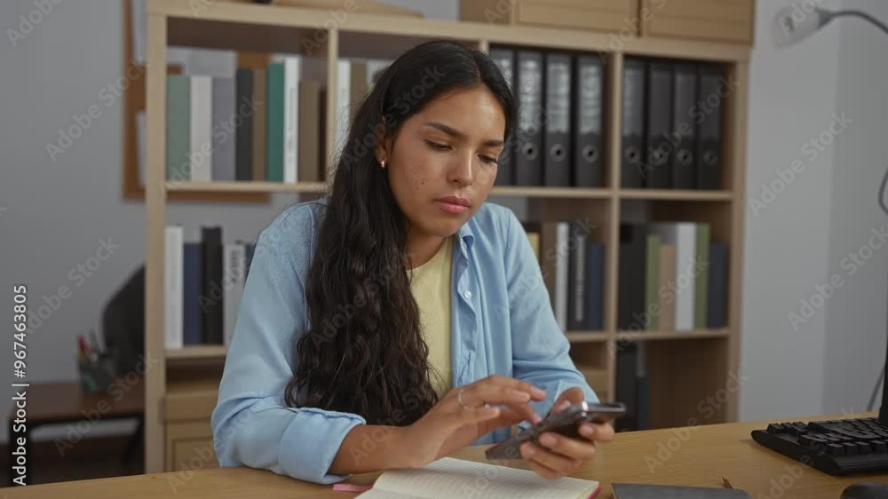 Woman frustrated in office using phone with bookshelf in background showcasing business stress Woman frustrated in office using phone with bookshelf in background showcasing business stress