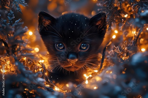 majestic baby black panther nestled in twinkling christmas decorations its sleek fur contrasting with the soft glow of fairy lights in a midnight forest setting