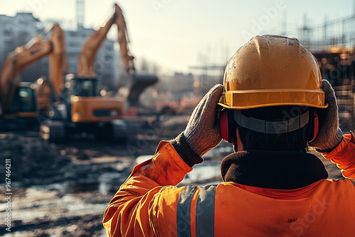 a construction worker suffering from loud ambient noise, noise pollution at construction site