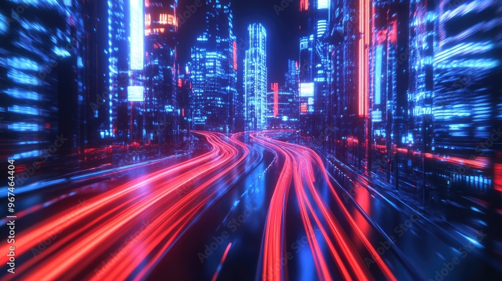 3d rendering cityscape with red and light blue light trail on road. Concept city, downtown district, town at night with bright neon light 3d rendering cityscape with red and light blue light trail on road. Concept city, downtown district, town at night with bright neon light