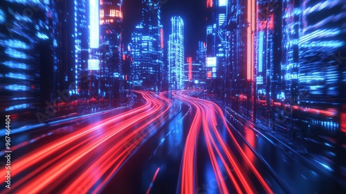 3d rendering cityscape with red and light blue light trail on road. Concept city, downtown district, town at night with bright neon light