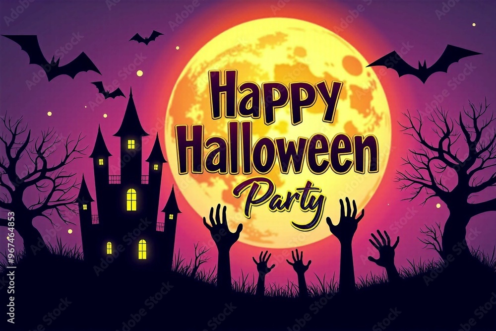 A festive and spooky Halloween party design featuring the phrase Happy Halloween Party in bold lettering with Halloween elements like bats, a haunted castle, and a full moon. A festive and spooky Halloween party design featuring the phrase Happy Halloween Party in bold lettering with Halloween elements like bats, a haunted castle, and a full moon.