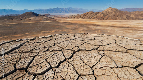 Image of a dry, cracked earth surface in a desert, highlighting the harsh, arid conditions with distant mountains in the background.