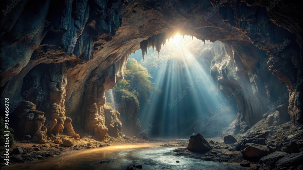 Naklejka premium Dark and mysterious cave interior with light shining in, cave, darkness, mystery, rock formation, underground