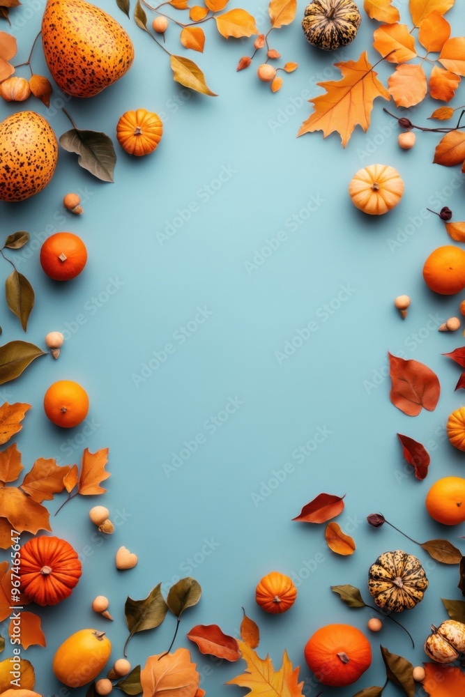 Fototapeta premium Colorful autumn frame with pumpkins, leaves, and berries on a blue background