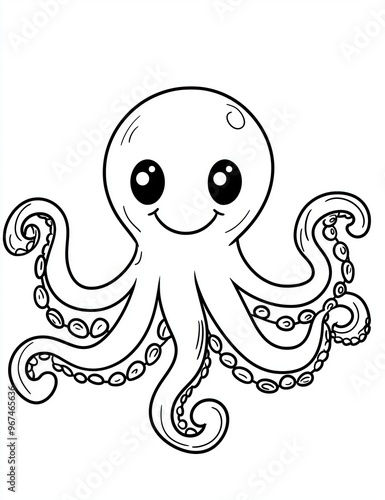 Cute Cartoon Octopus Illustration - Black and White Line Art