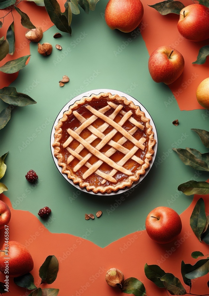 Delicious apple pie surrounded by fresh apples and leaves Delicious apple pie surrounded by fresh apples and leaves