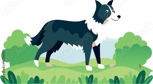 A dog is walking in a field with green grass. The dog is black and white. The dog is happy and he is enjoying its walk