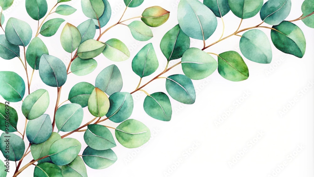 Fototapeta premium Watercolor painting of decorative green eucalyptus leaves in a fresh and vibrant style, watercolor, painting, decorative