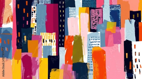 A colorful abstract representation of a city skyline with vibrant buildings and patterns.