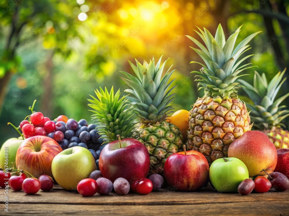 juicy apples, plump grapes, and tropical pineapples, surrounded by lush greenery and soft morning light. juicy apples, plump grapes, and tropical pineapples, surrounded by lush greenery and soft morning light.