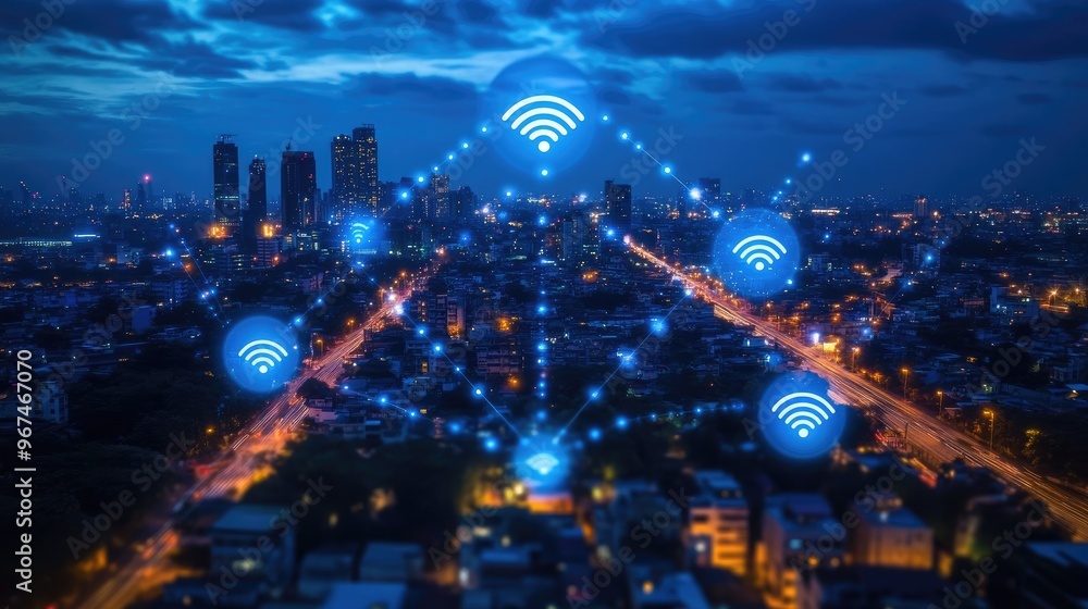 Advanced communication and global internet network connection in smart city . Concept of future 5G wireless digital connecting and social media networking . Advanced communication and global internet network connection in smart city . Concept of future 5G wireless digital connecting and social media networking .