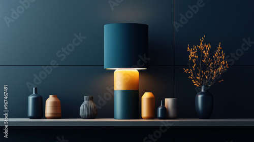 Wallpaper Mural Modern interior shelf with a variety of decorative objects including vases and a stylish lit table lamp against a dark blue paneled wall. Minimalist and elegant decor. Torontodigital.ca