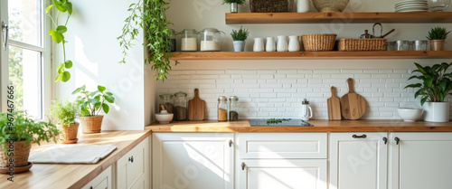 Modern Kitchen Interior with White Cabinets and Wooden Shelves