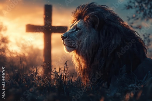 majestic lion overlooking calvarys crosses ethereal light rays dramatic sky biblical symbolism epic cinematic composition photo