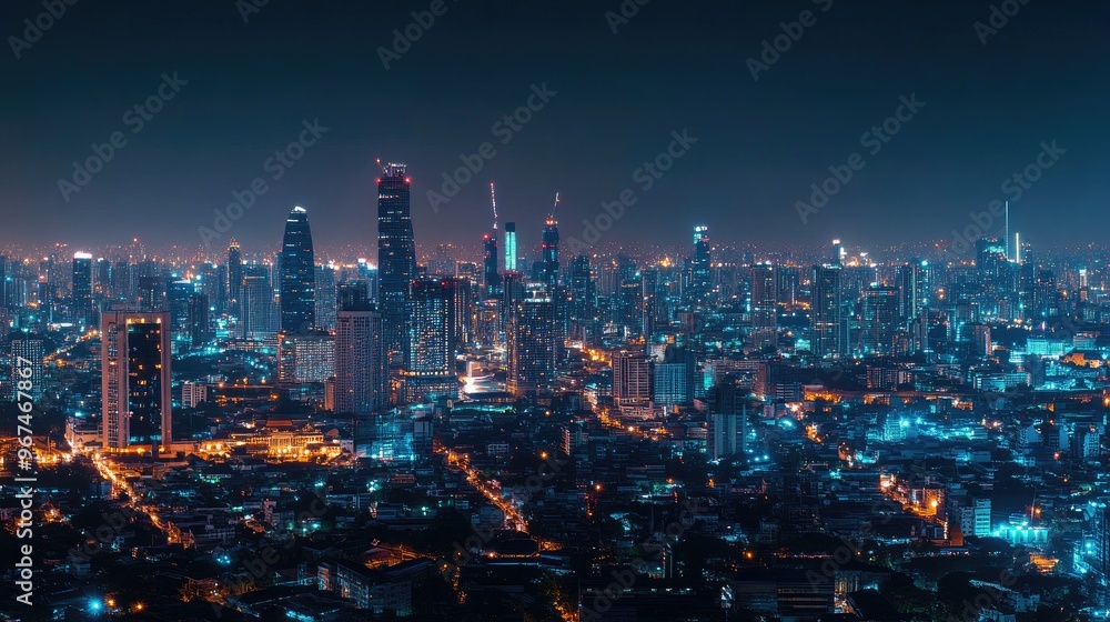 Banner smart city dot point connect with gradient line, connection technology metaverse concept. Bangkok city background at night with big data in Thailand, Panorama view. Banner smart city dot point connect with gradient line, connection technology metaverse concept. Bangkok city background at night with big data in Thailand, Panorama view.