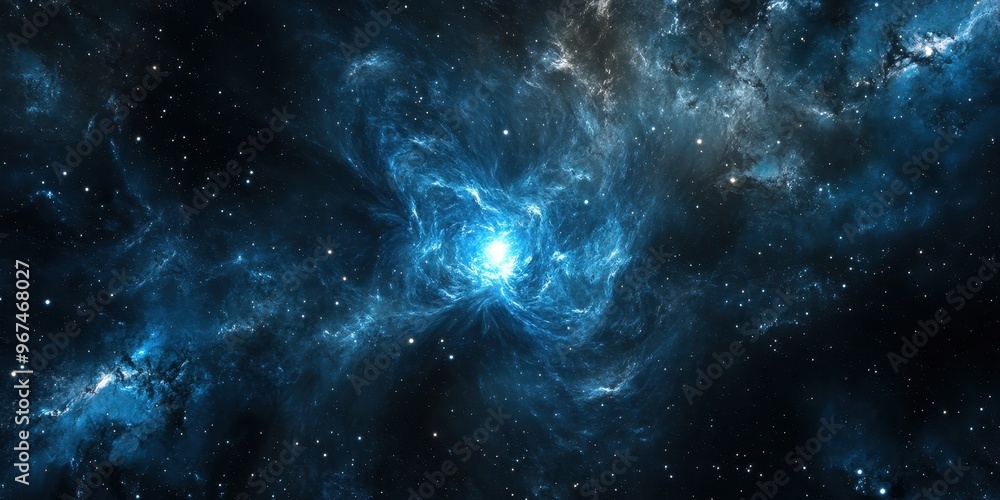 Stunning cosmic scene showcasing a swirling nebula in deep space, filled with vibrant blue hues and scattered stars.