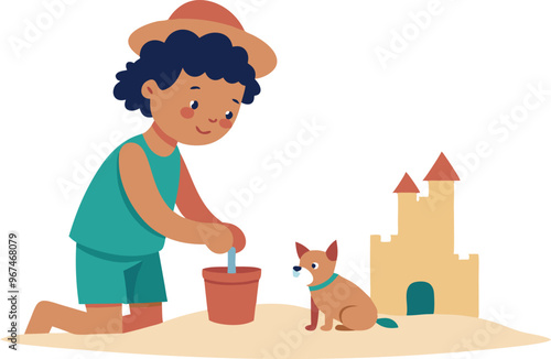 A young girl is playing with a dog in a sandpit. The dog is sitting in a bucket