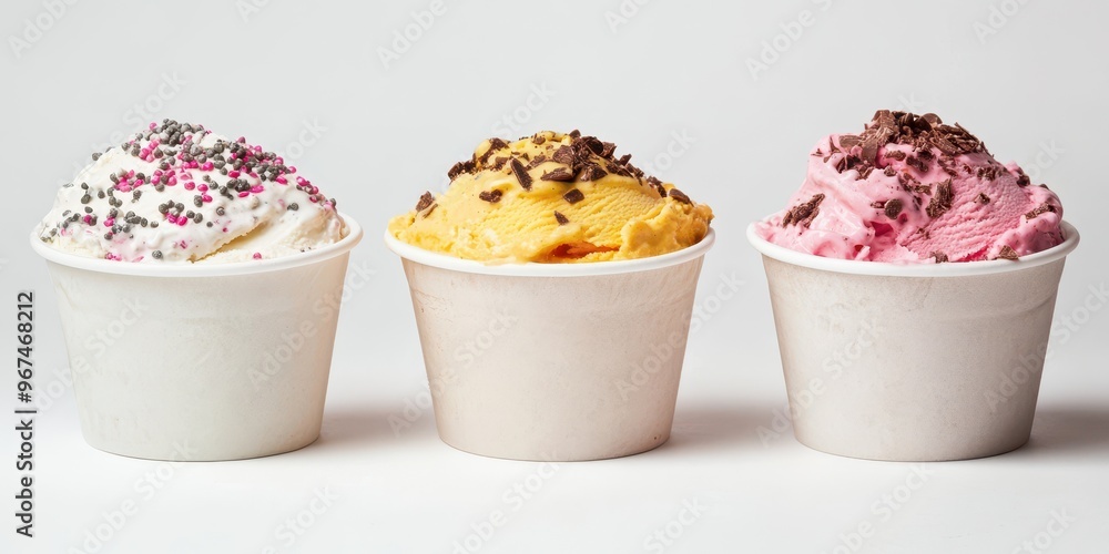 Three delicious ice cream cups in vibrant flavors: vanilla, mango, and strawberry, topped with colorful sprinkles and chocolate. Three delicious ice cream cups in vibrant flavors: vanilla, mango, and strawberry, topped with colorful sprinkles and chocolate.