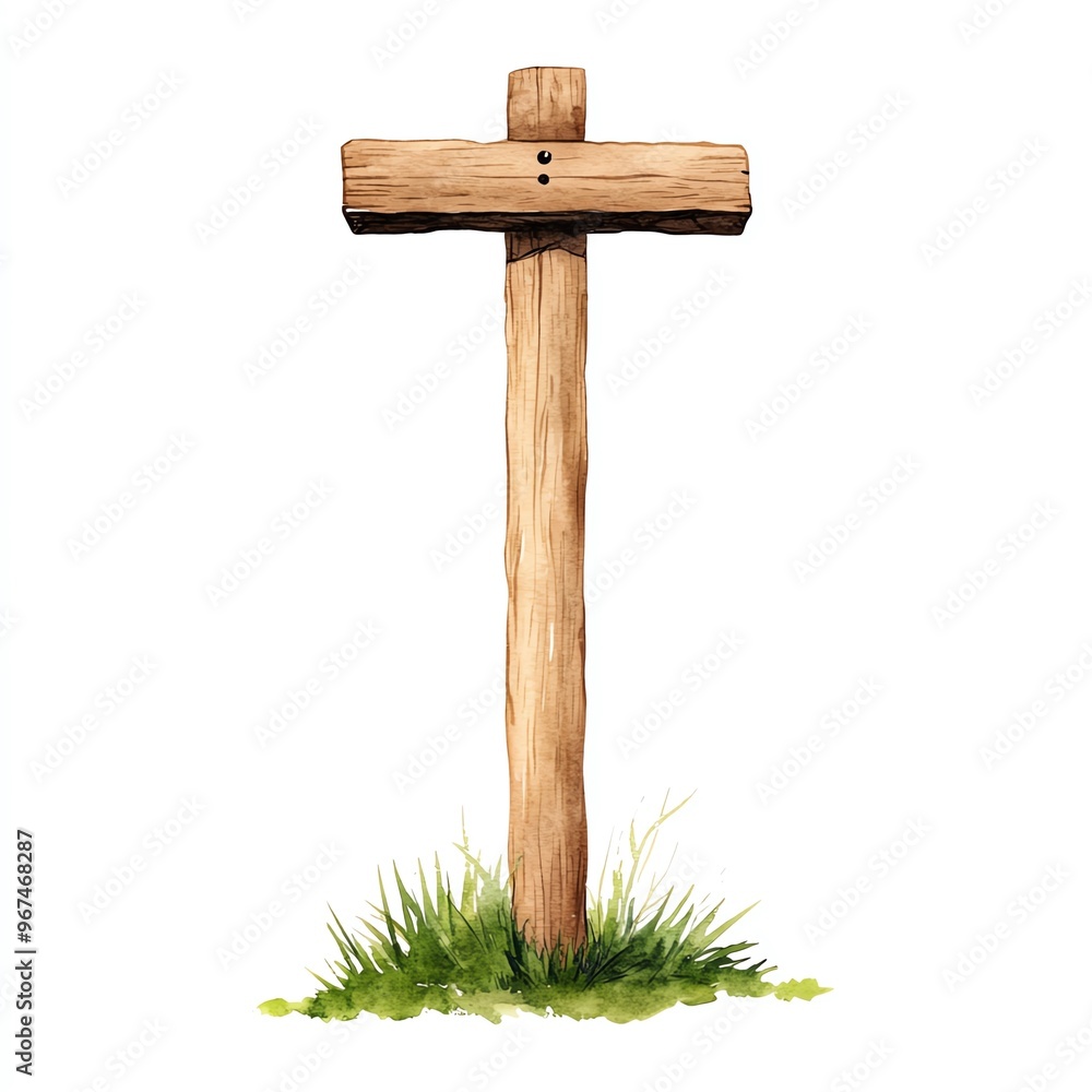 A simple wooden cross stands on lush green grass, symbolizing faith and spirituality in nature. A simple wooden cross stands on lush green grass, symbolizing faith and spirituality in nature.