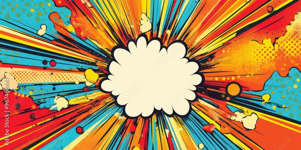Fototapeta premium Vibrant comic-style explosion graphic featuring colorful rays and a speech bubble for text or messaging.