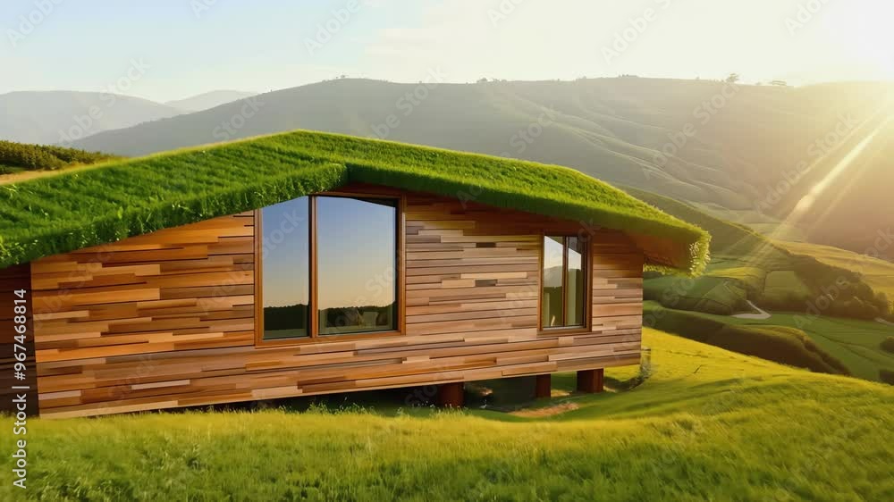 Eco-house with curved, grassy roofs and wooden accents emerges from a hillside, blending with the landscape. Eco-house with curved, grassy roofs and wooden accents emerges from a hillside, blending with the landscape.