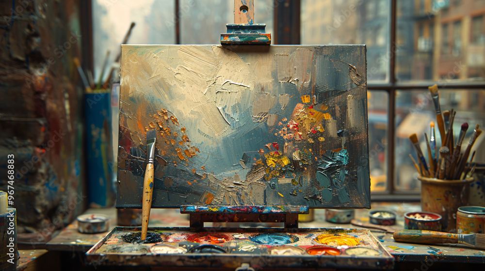 A vibrant artist's studio scene showcasing a partially finished canvas on an easel, surrounded by paintbrushes and colorful paints, capturing the essence of creativity. A vibrant artist's studio scene showcasing a partially finished canvas on an easel, surrounded by paintbrushes and colorful paints, capturing the essence of creativity.
