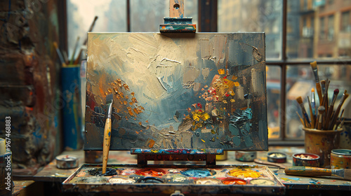 A vibrant artist's studio scene showcasing a partially finished canvas on an easel, surrounded by paintbrushes and colorful paints, capturing the essence of creativity.