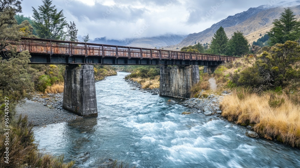 A charming old railway bridge crossing a deep, fast-flowing river in a remote area.