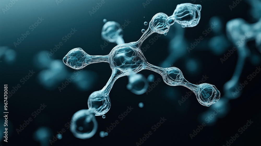 3D rendering of a clear molecular structure on a dark blue background. The interconnected atoms and bonds are highlighted, representing molecular biology and chemistry. 3D rendering of a clear molecular structure on a dark blue background. The interconnected atoms and bonds are highlighted, representing molecular biology and chemistry.