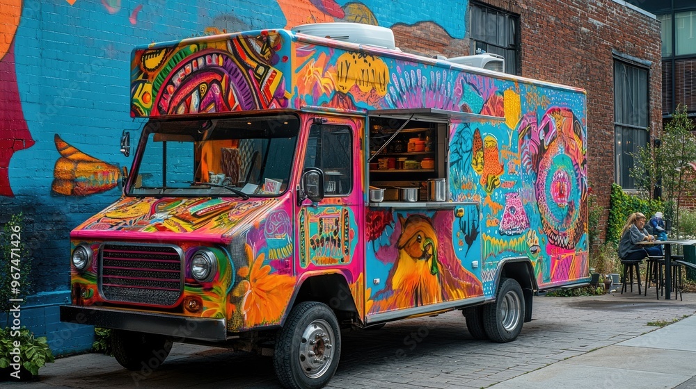 Obraz premium A colorful food truck parked in an urban street, ready to serve customers, with vibrant street art in the background.
