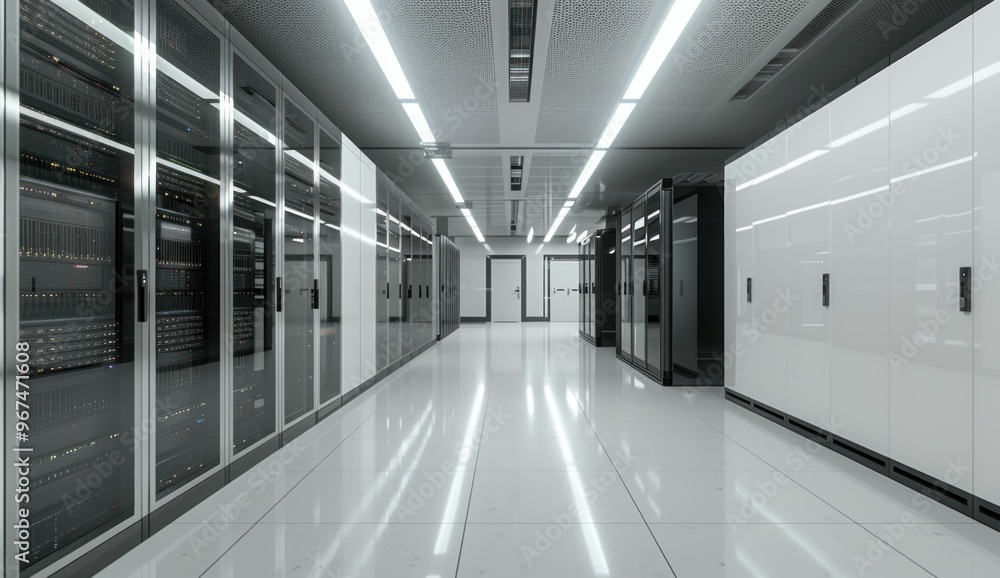 Fototapeta premium Modern data center interior with server racks and bright lighting