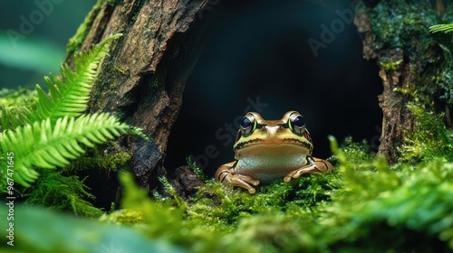 A curious frog peeking out from a hollow log, surrounded by damp, green moss and ferns in a misty forest. photo